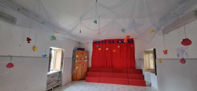 <h1>Scenografia</h1>
La scenografia ricrea il paesaggio marino: onde azzurre di tulle e animali del mare colorati